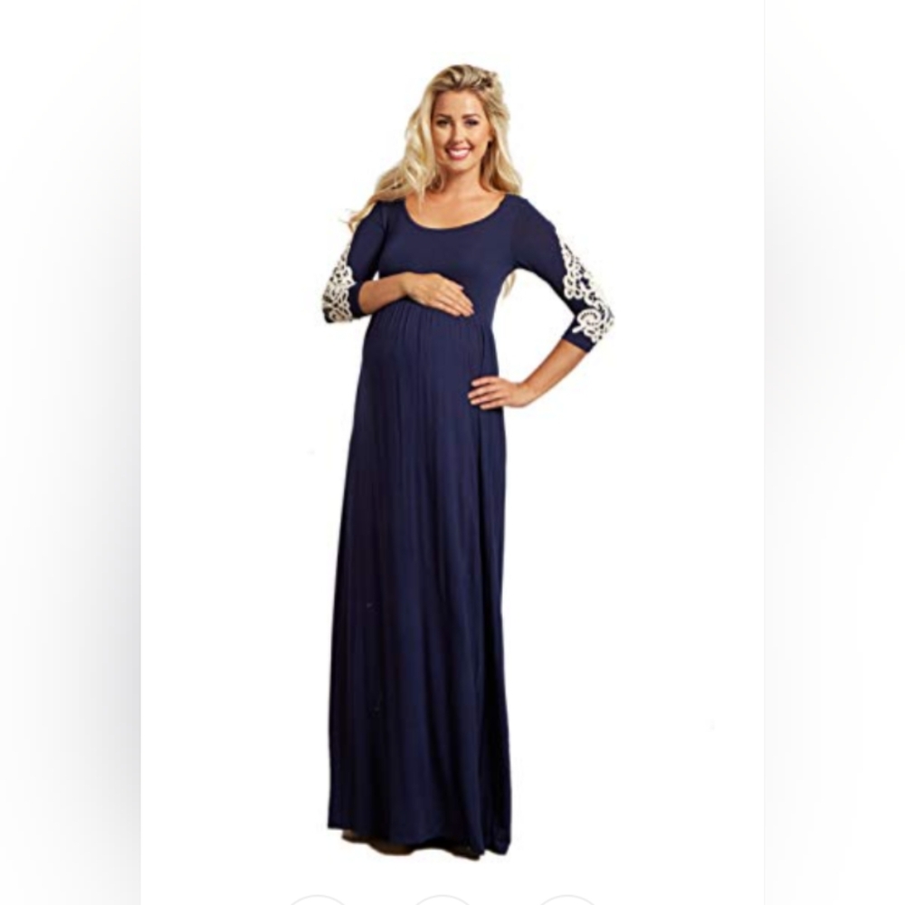 Elegant Navy Crochet Sleeve Maternity Maxi Dress - L